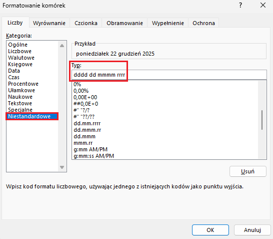 Format niestandardowy daty