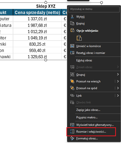 Rozmiar i właściwości obrazu w Excelu