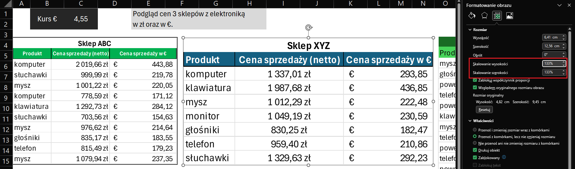 Skalowanie obrazu w Excelu